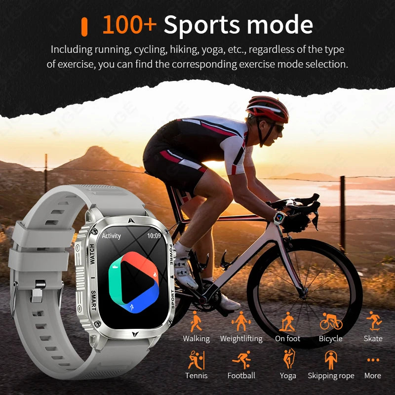 LIGE 2025 New Outdoor Flashlight Smart Watch Men 2.01” HD Screen 400mAh Bluetooth Call IP68 Waterproof Health Monitor Smartwatch