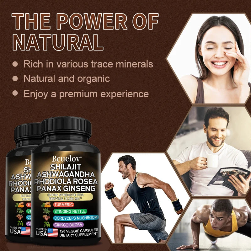 Shilajit Pure Himalayan with Ashwagandha, Rhodiola, Ginseng, Men & Women Supplement - Brain, Energy, Joints, Immunity