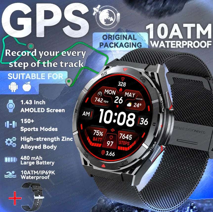 New For Huawei GPS SmartWatch Men 466*466 AMOLED HD 150+Sport Mode Compass BT Call Health Monitor IP69 Waterproof Swimming Watch