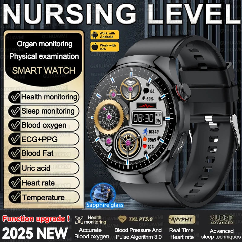 2025 New Nursing Grade Smart Watch Accurate Blood pressure Heart Rate Uric Acid ECG+PPG Bluetooth Calling Health Smart watch Men