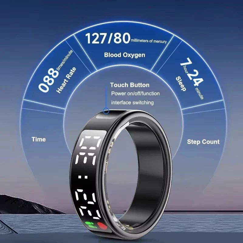 Smart Ring For Men Women Heart Rate Blood Oxygen Health and Sleep Monitor Multi Sport 5ATM Waterproof Ring With LED Display