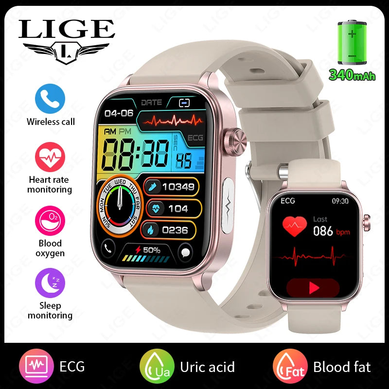 LIGE 2025 New AI Healthy Diagnosis Blood Lipid Uric Acid Blood Pressure Smart Watch Men ECG+PPG Bluetooth Call Health Smartwatch