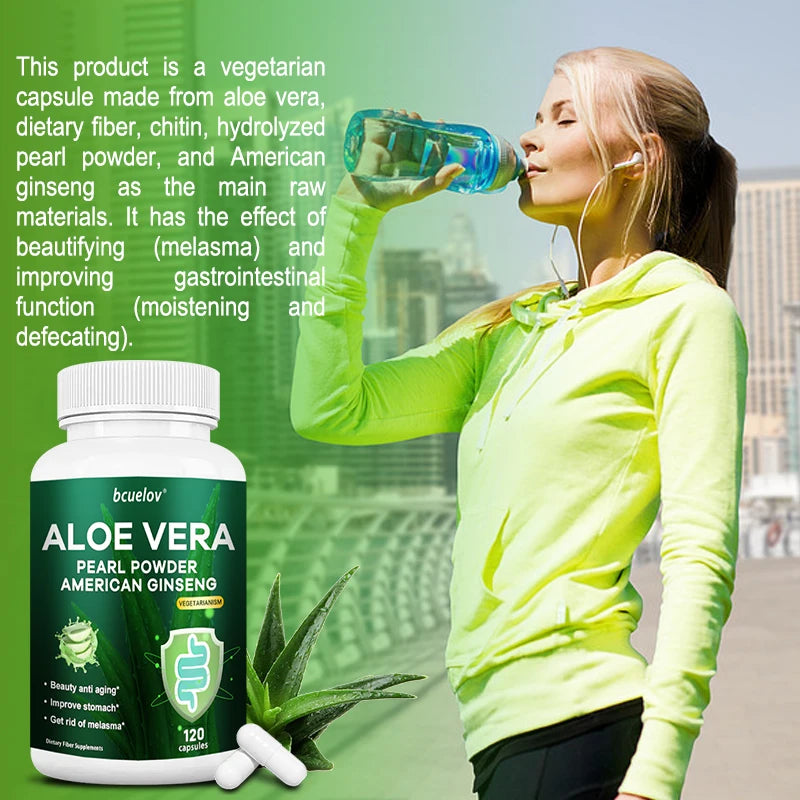 Aloe Vera Extract with Pearl Powder and American Ginseng, Supports Powerful Fat Burning, Intestinal Digestion, 120 Capsules