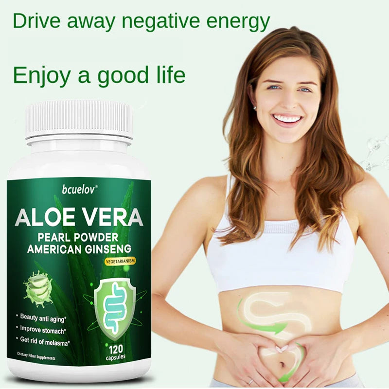 Aloe Vera Extract with Pearl Powder and American Ginseng, Supports Powerful Fat Burning, Intestinal Digestion, 120 Capsules
