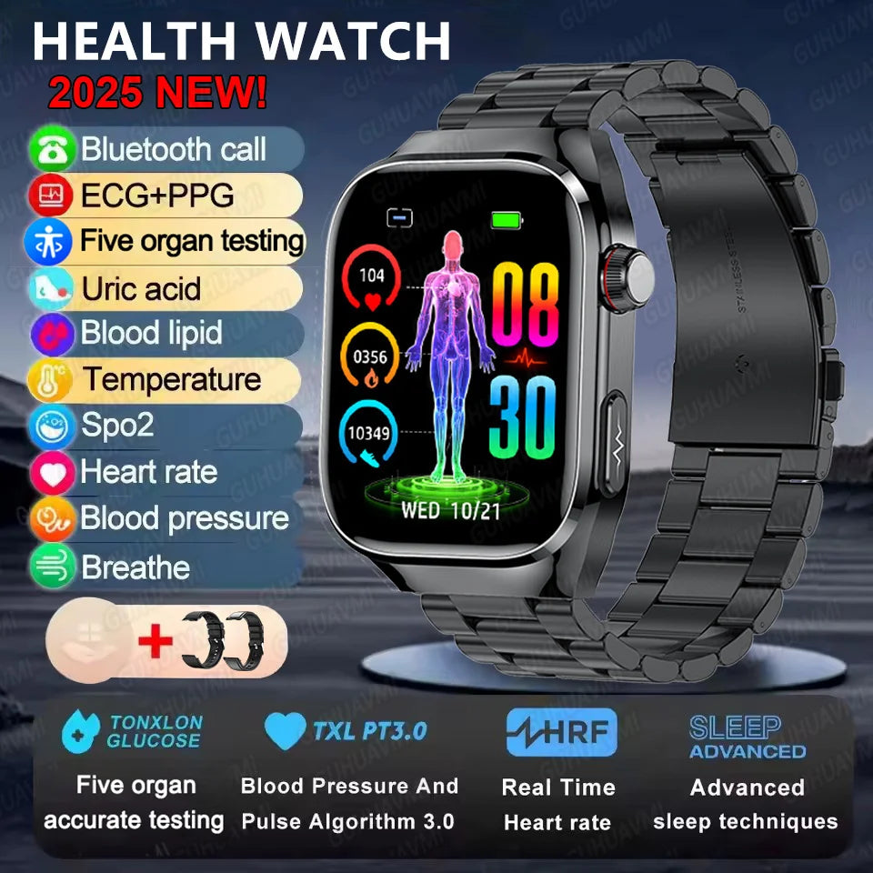 2025 New ECG+PPG Accurate Measure Heart Rate Smart Watch Men Blood Pressure Lipids Uric Acid Bluetooth Call Health Smartwatches