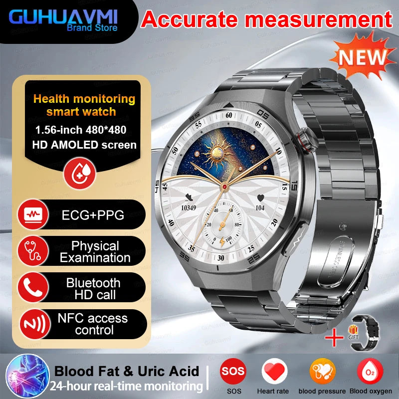 Professional Level NFC SmartWatch Blood Pressure Blood Lipid Uric Acid ECG+PPG Body Temperature Bluetooth Call Health Smartwatch