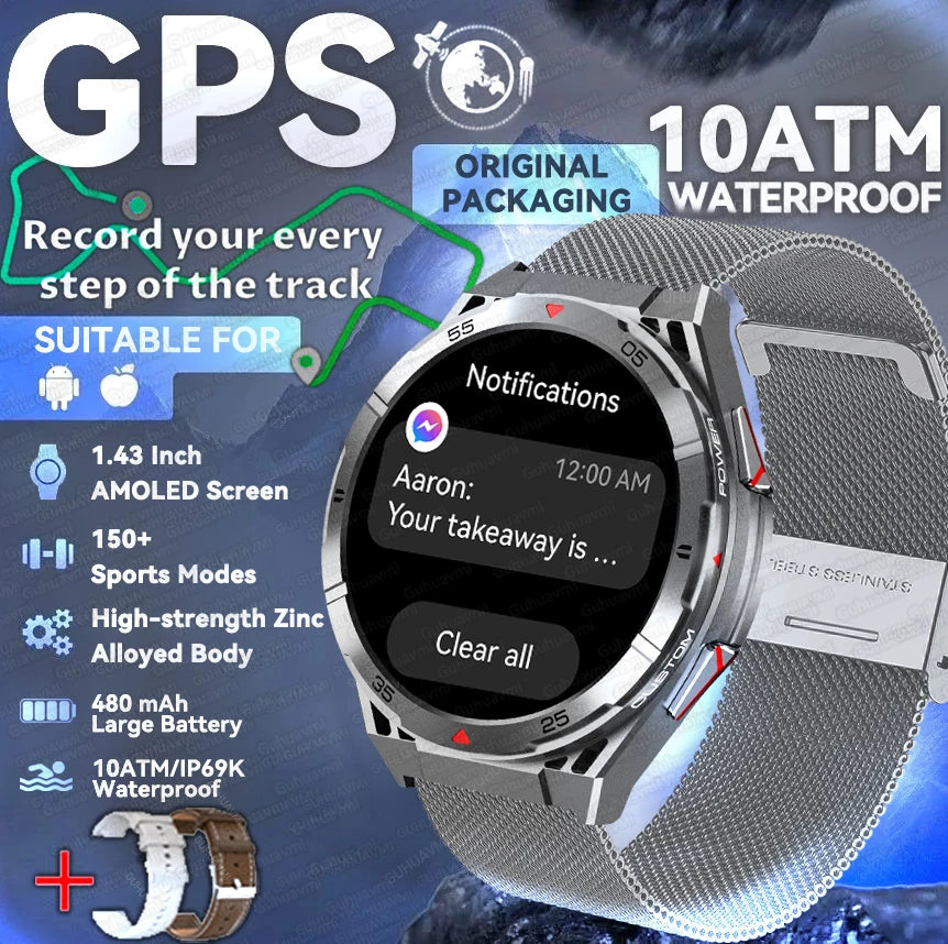 For HUAWEI GPS Sport Smart Watch Men 1.43 inch HD AMOLED Screen Compass Bluetooth Call Heart Rate Waterproof smart watch 2025New