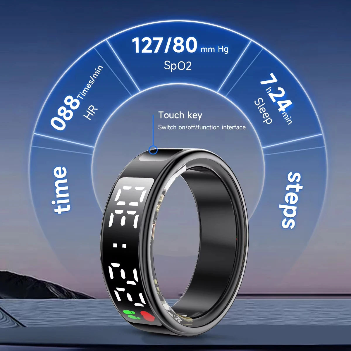 SR08 Smart Ring For Men Women LED Display Screen Heart Rate Blood Oxygen Monitoring Multi Sports Modes IP68 & 5ATM Waterproof