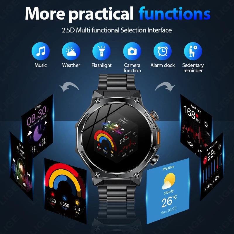 LIGE New Men Smart Watch Bluetooth Calling 800mAh Large Battery Heart Rate Blood Oxygen Health Smartwatch 2025 For Android IOS