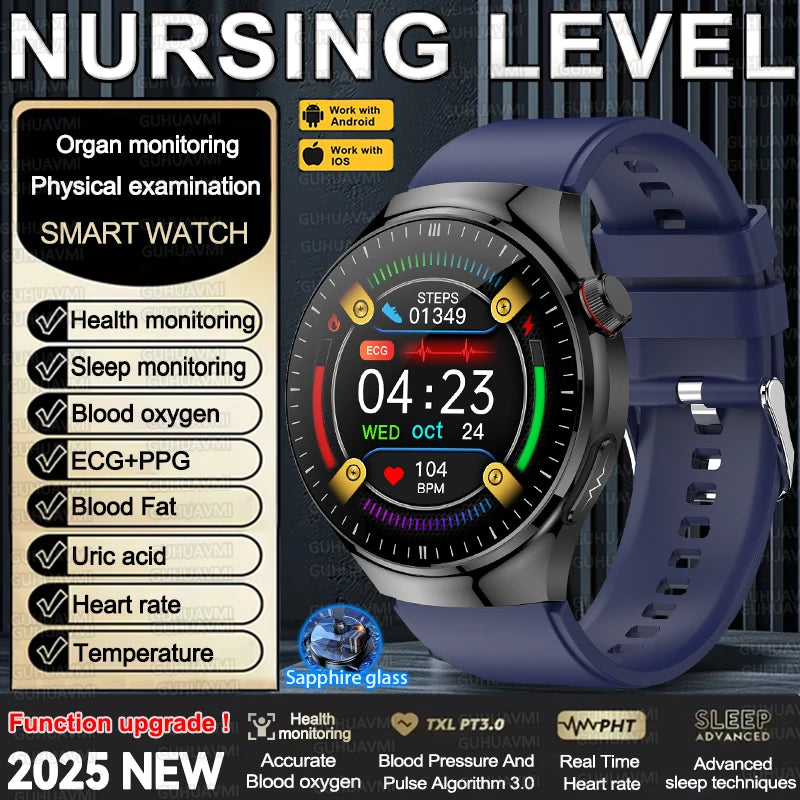 2025 New Nursing Grade Smart Watch Accurate Blood pressure Heart Rate Uric Acid ECG+PPG Bluetooth Calling Health Smart watch Men