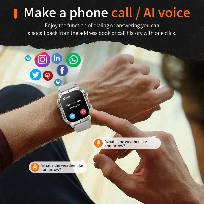 LIGE 2025 New Outdoor Flashlight Smart Watch Men 2.01” HD Screen 400mAh Bluetooth Call IP68 Waterproof Health Monitor Smartwatch