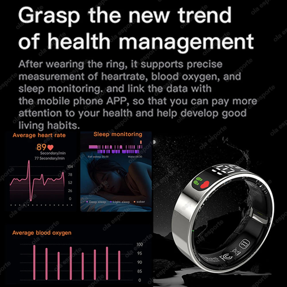 Smart Ring For Men Women LED Display Screen Heart Rate Blood Oxygen Monitoring Multi Sport Modes IP68 & 5ATM Waterproof Pk SR08