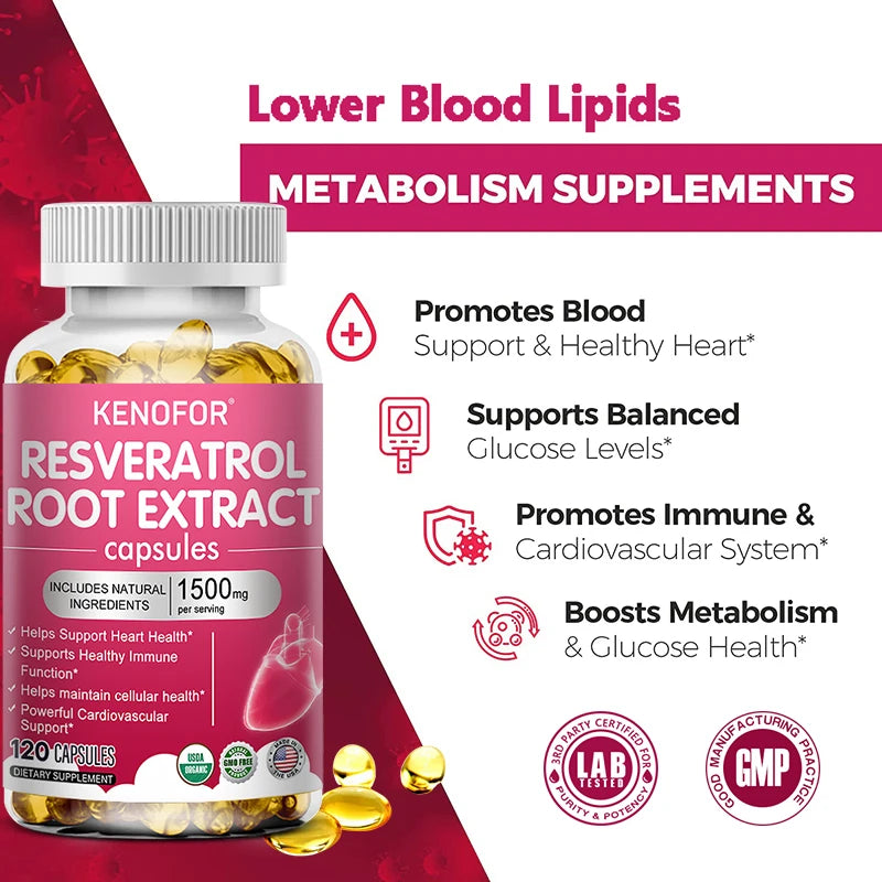 KENOFOR Resveratrol Extract 1500 mg - Immune System Function, Collagen Formation and Energy Metabolism