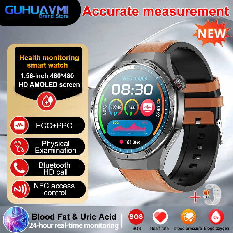 Professional Level NFC SmartWatch Blood Pressure Blood Lipid Uric Acid ECG+PPG Body Temperature Bluetooth Call Health Smartwatch