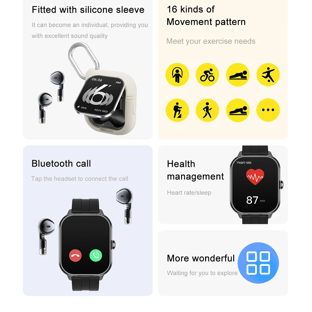 2024 New Headphone NFC Smartwatch 2 In 1 TWS Headset Blue Tooth Call Smart Watch Sports Waterpoof Heart Rate Music Weather