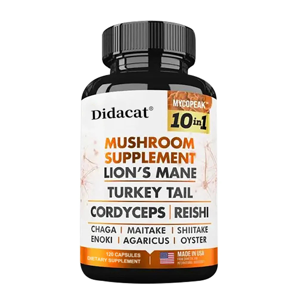 Mushroom Supplement 10x Complex - Lion's Mane, Turkey Tail, Cordyceps, Reishi - Memory & Focus, Brain Support Supplement