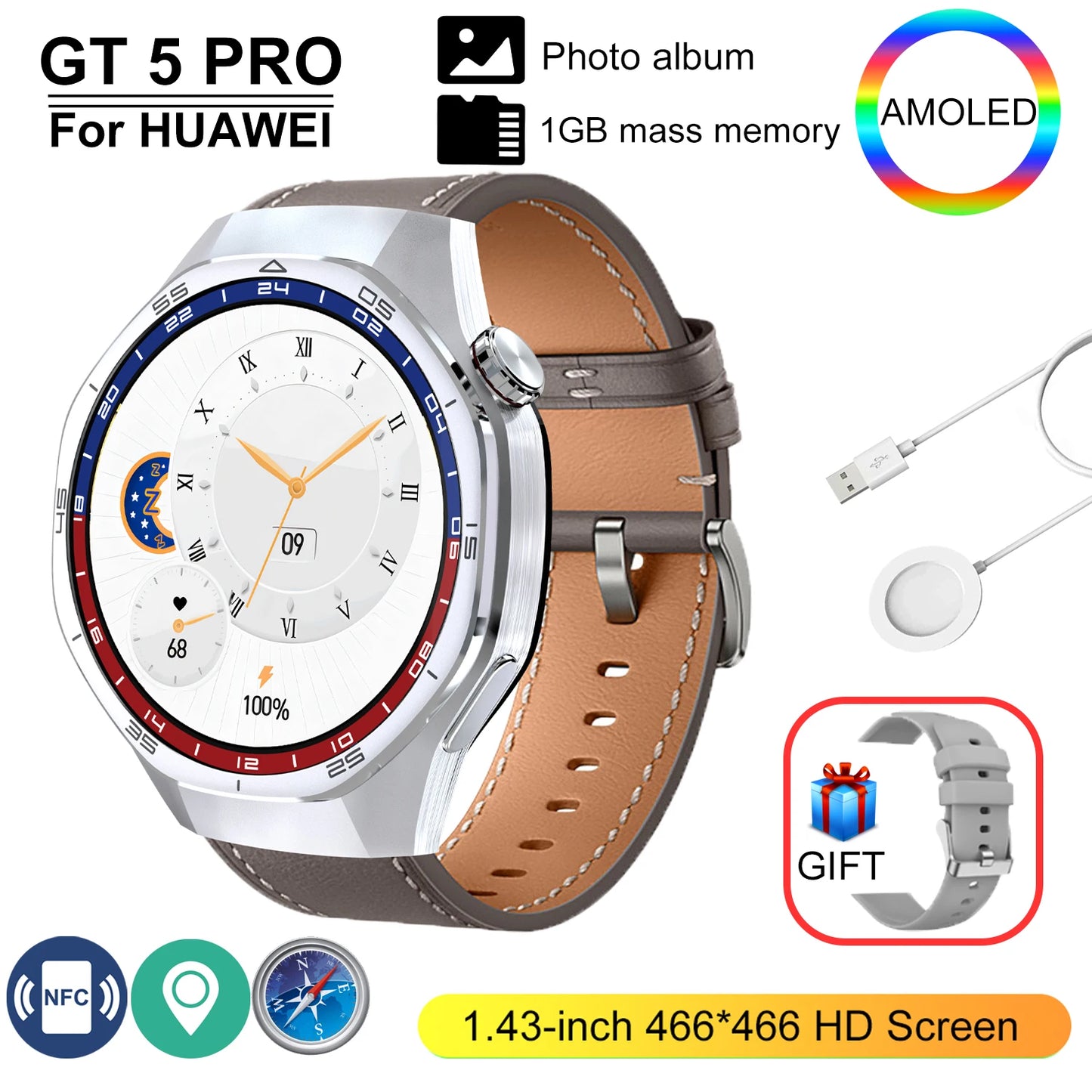 GT 5 Pro 2025 New SmartWatch Men 466*466 HD Screen 24h Blood Pressure Monitoring Men's Women NFC GPS Outdoor Sports Smartwatch