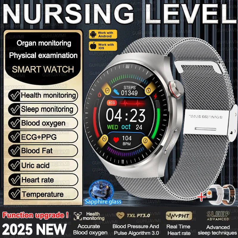 2025 New Nursing Grade Smart Watch Accurate Blood pressure Heart Rate Uric Acid ECG+PPG Bluetooth Calling Health Smart watch Men