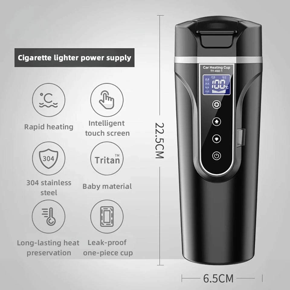 Car Heating Cup Smart Touch LCD Display Stainless Steel Electric Kettle Portable 12v/24v Thermos Bottle