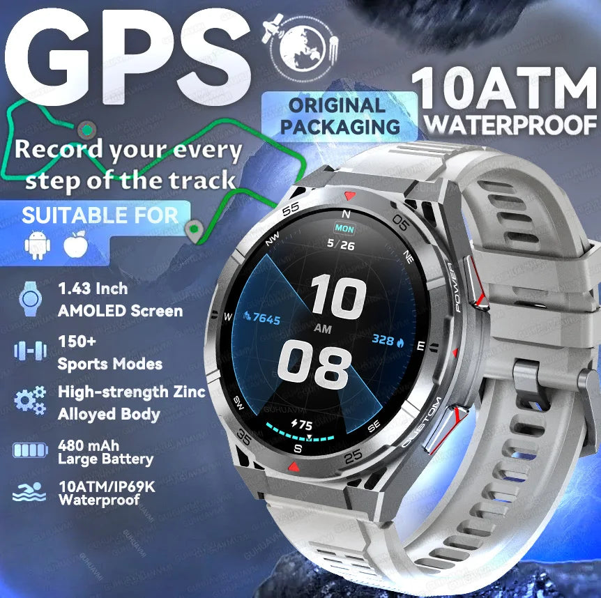 For HUAWEI GPS Sport Smart Watch Men 1.43 inch HD AMOLED Screen Compass Bluetooth Call Heart Rate Waterproof smart watch 2025New