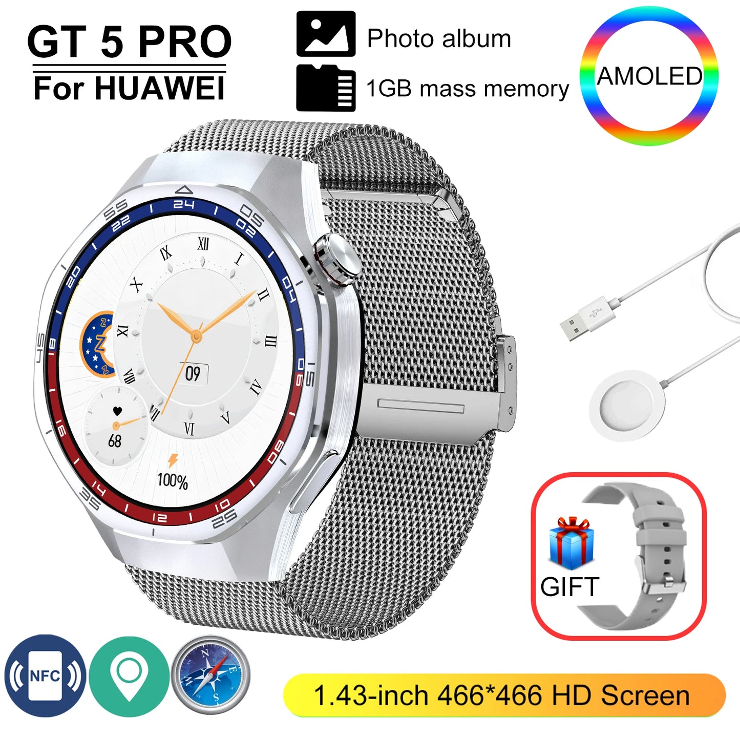 GT 5 Pro 2025 New SmartWatch Men 466*466 HD Screen 24h Blood Pressure Monitoring Men's Women NFC GPS Outdoor Sports Smartwatch