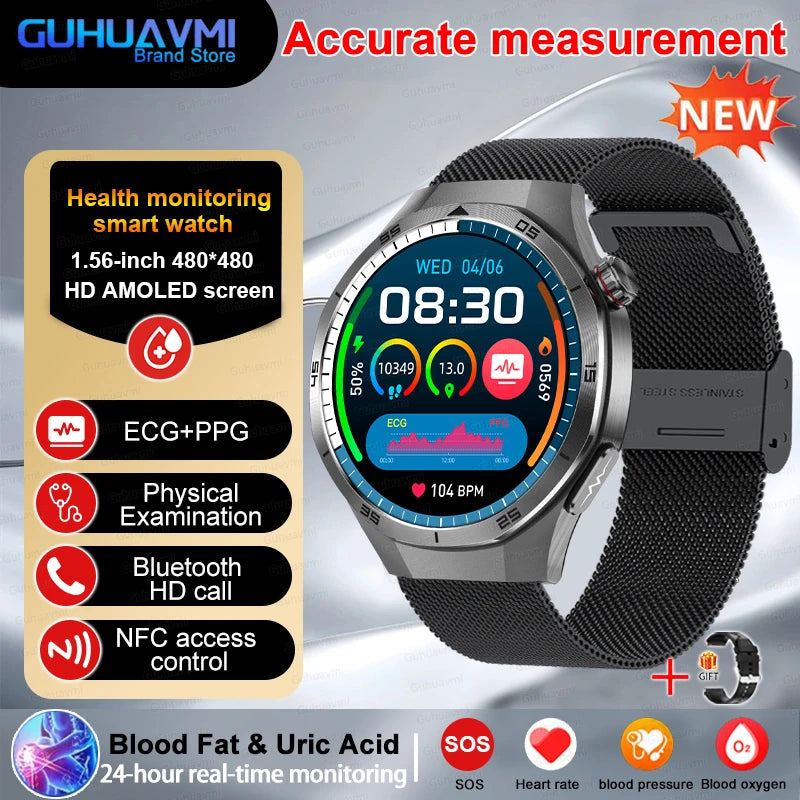 Professional Level NFC SmartWatch Blood Pressure Blood Lipid Uric Acid ECG+PPG Body Temperature Bluetooth Call Health Smartwatch
